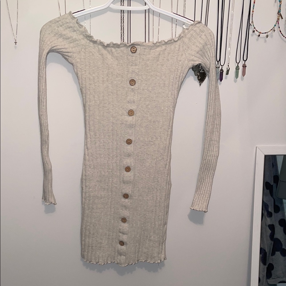 Elegant Cream Button-Down Dress, Off the Shoulder